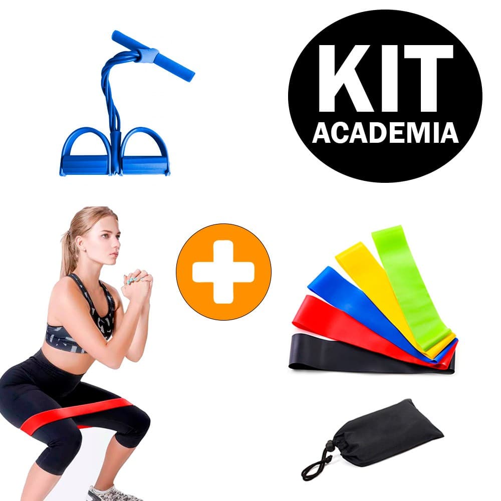 Kit Faixas Elásticas Mini Band + Elástico de Tensão com Apoio para os Pés Tube Fit Treino Exercícios Fitness Funcional