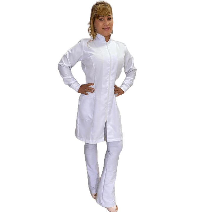 jaleco feminino acinturado gabardine com 02 logos faculdades