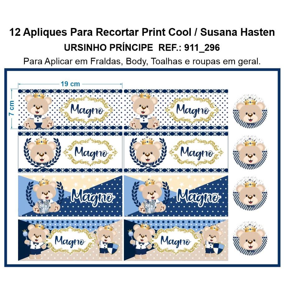12 Apliques Patche Termocolante Ursinho, Príncipe, Bebê  Para Fraldas Ref.: 911_296