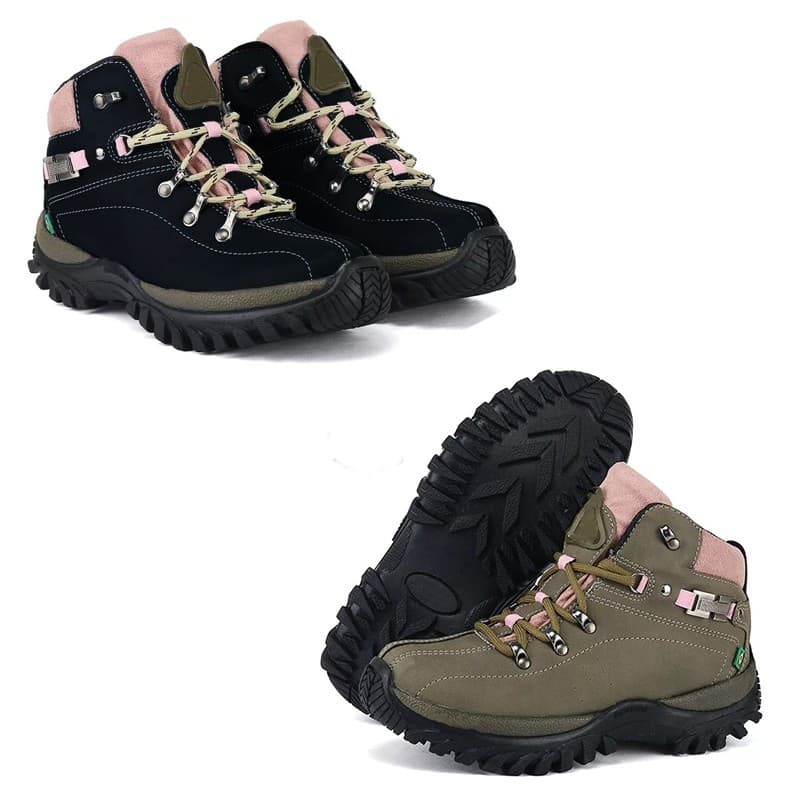 Kit 2 Pares Coturno Feminino Trilha Caminhada Couro Ecológico Preto e Verde Oliva