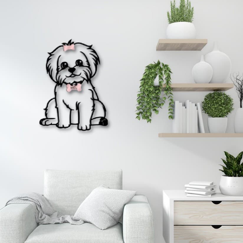Quadro Decorativo Cachorro Maltês com Coleirinha e Laço Aplique de Parede Vazado MDF para Decoração