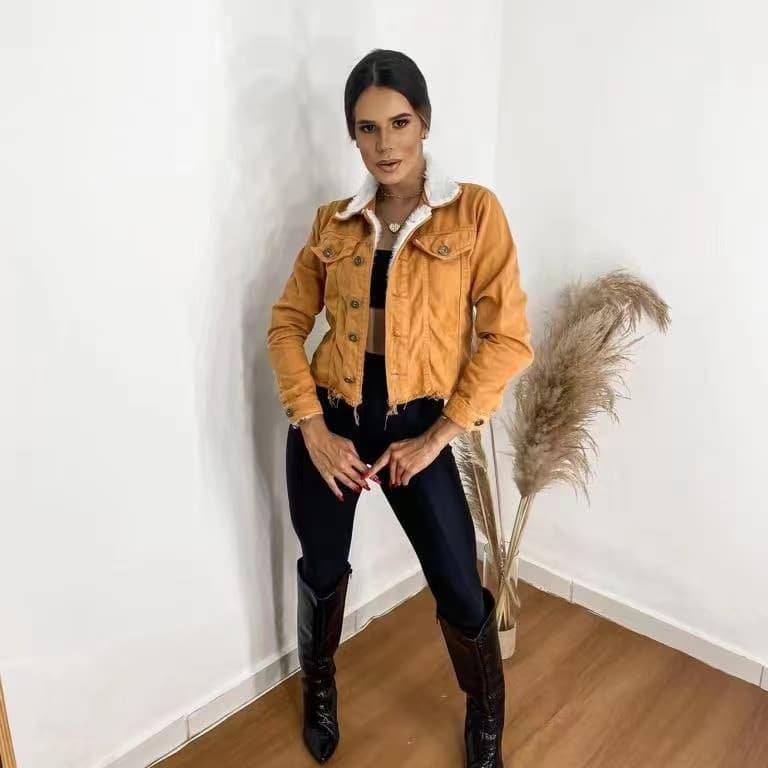 Casaco Jaqueta Jeans Pelinho Colorido Feminina