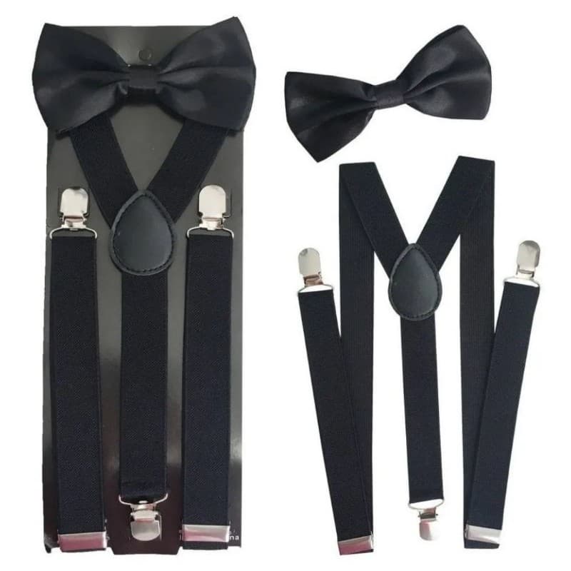 kit suspensório ajustável adulto masculino e feminino preto com gravata borboleta
