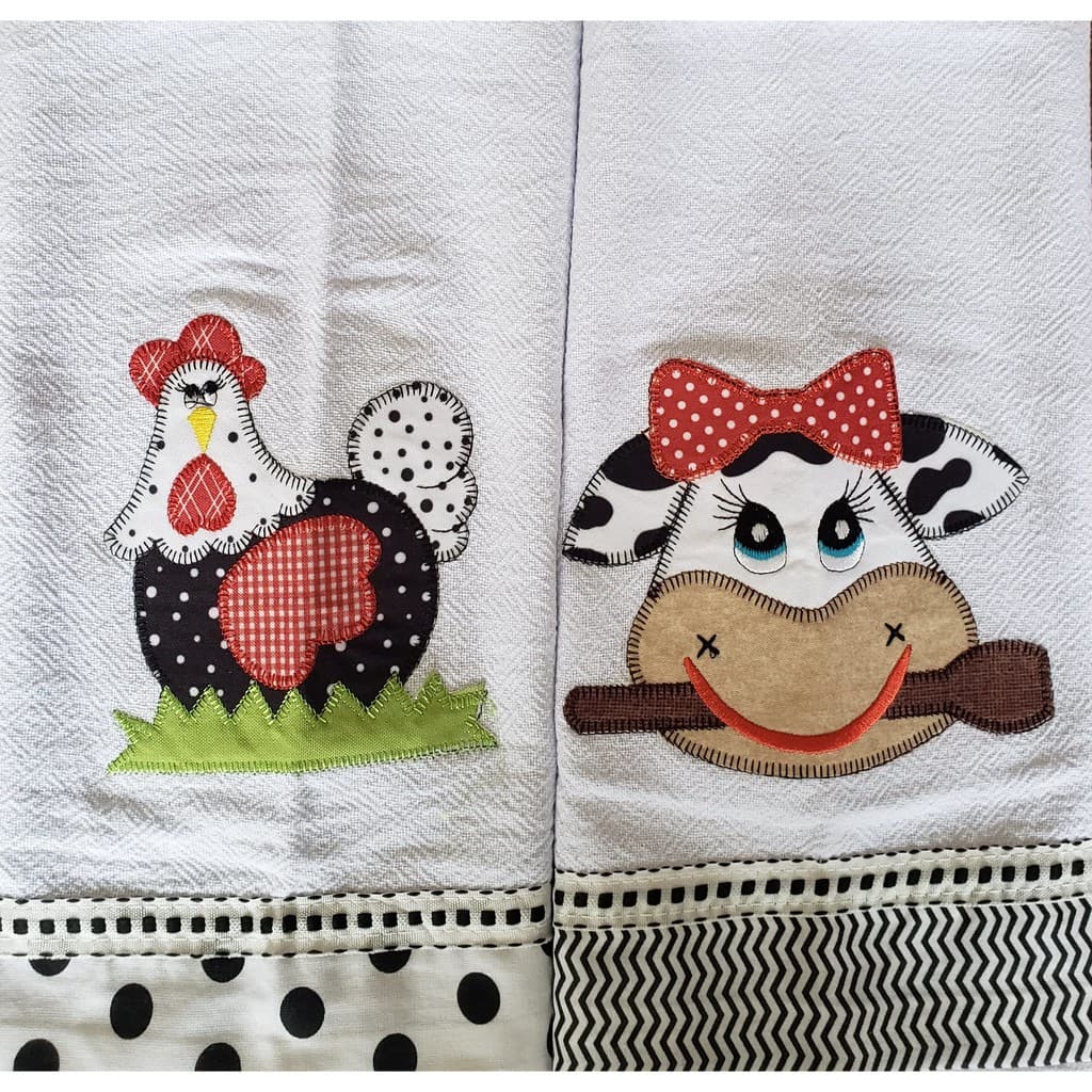 Conjunto 2 Panos de Prato , com barra , aplique e bordado
