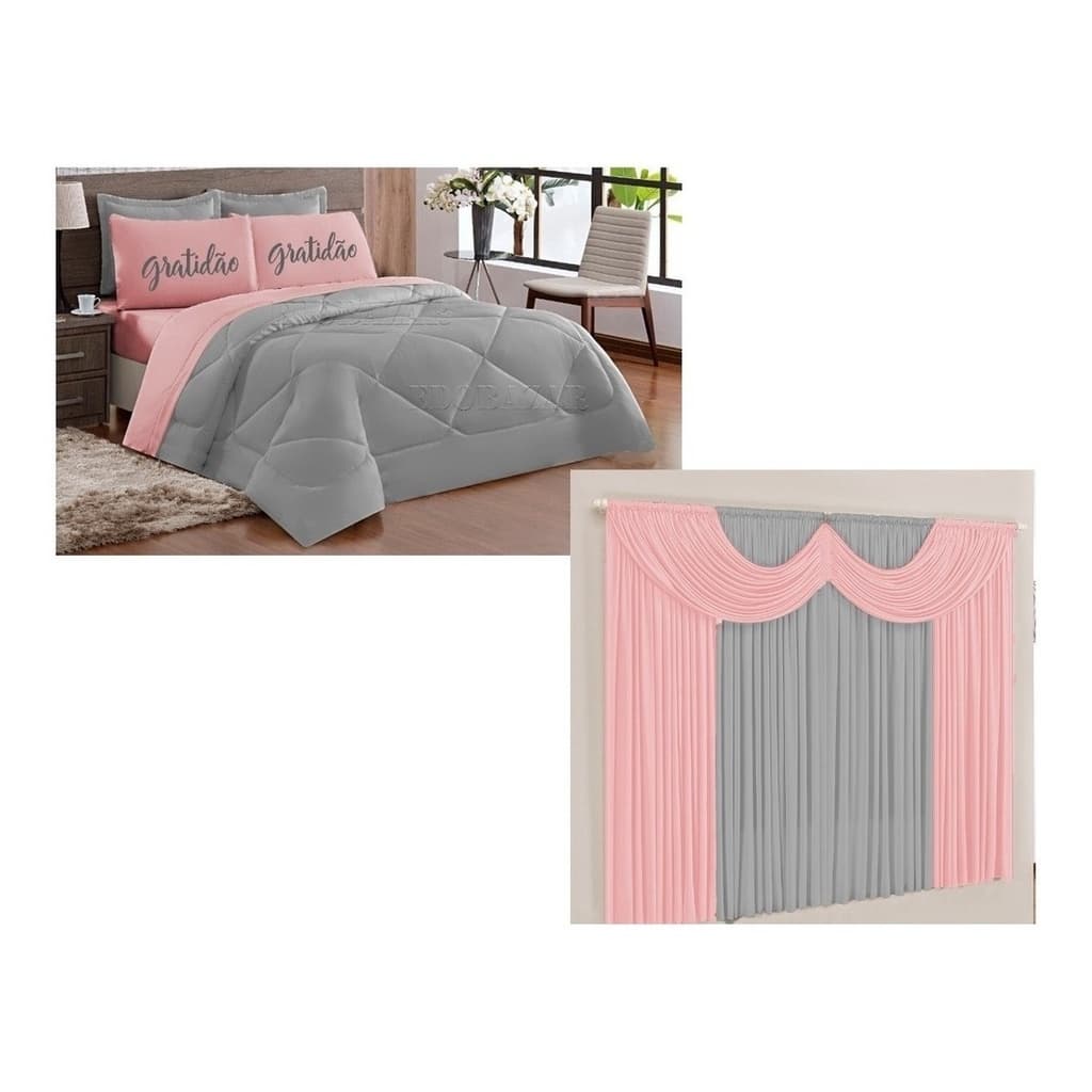 Kit EDREDOM GRATIDÃO CASAL PADRÃO Dupla Face + Cortina Rosa Cinza