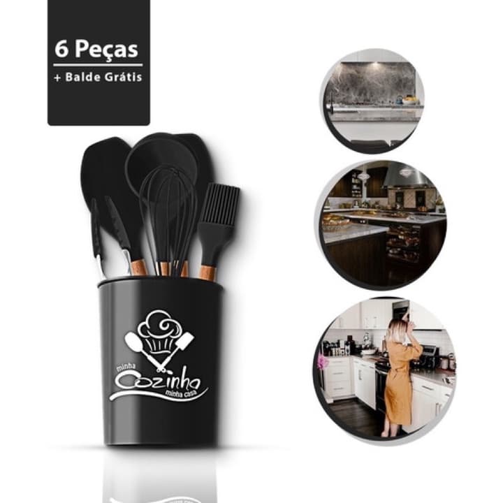Jogo de Cozinha Kit C/7 Pçs de Silicone Utensílios e Copo Suporte para Cozinha Cabo de Madeira
