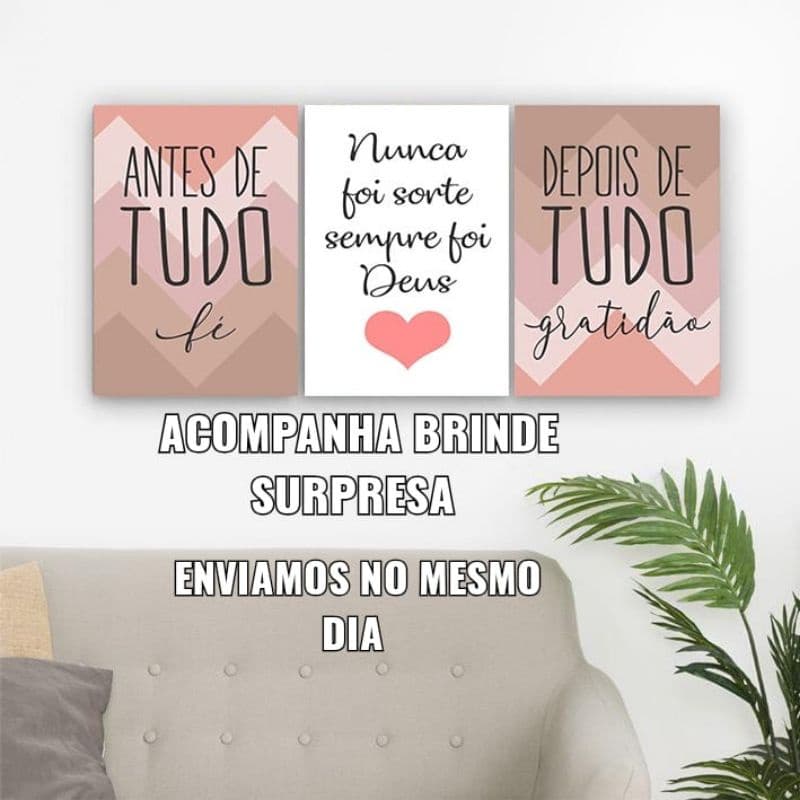 Kit 3 Placas decorativas Quadros antes de tudo fé nunca foi sorte sempre foi Deus gratidão quarto