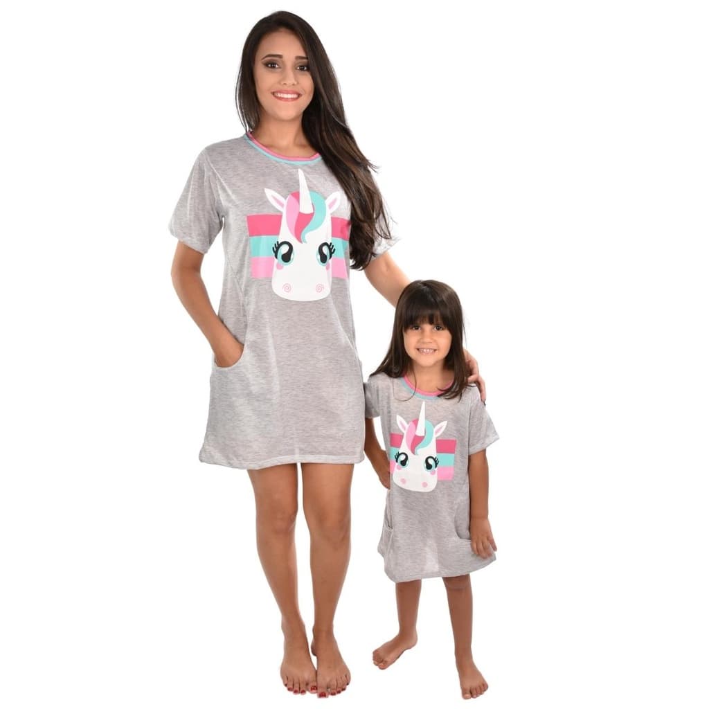 Kit Mãe e Filha Pijama Unicórnio Camisola Com Bolso nas Laterais Moderno