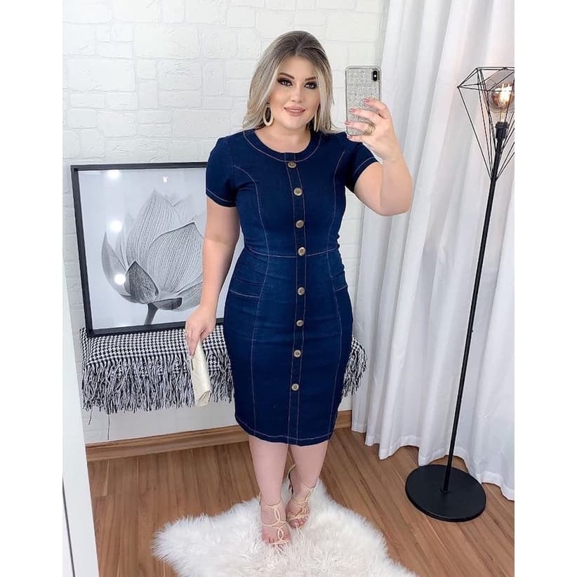Vestido Evangelico Jeans Tubinho Moda Cristã Elegante c/ Ziper