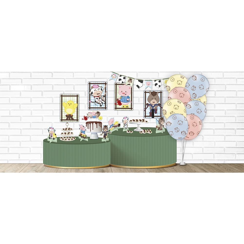 Kit Festa Fácil Fazendinha 62 Itens Quadros + Faixa + Topo de Bolo + Enfeites + Balões