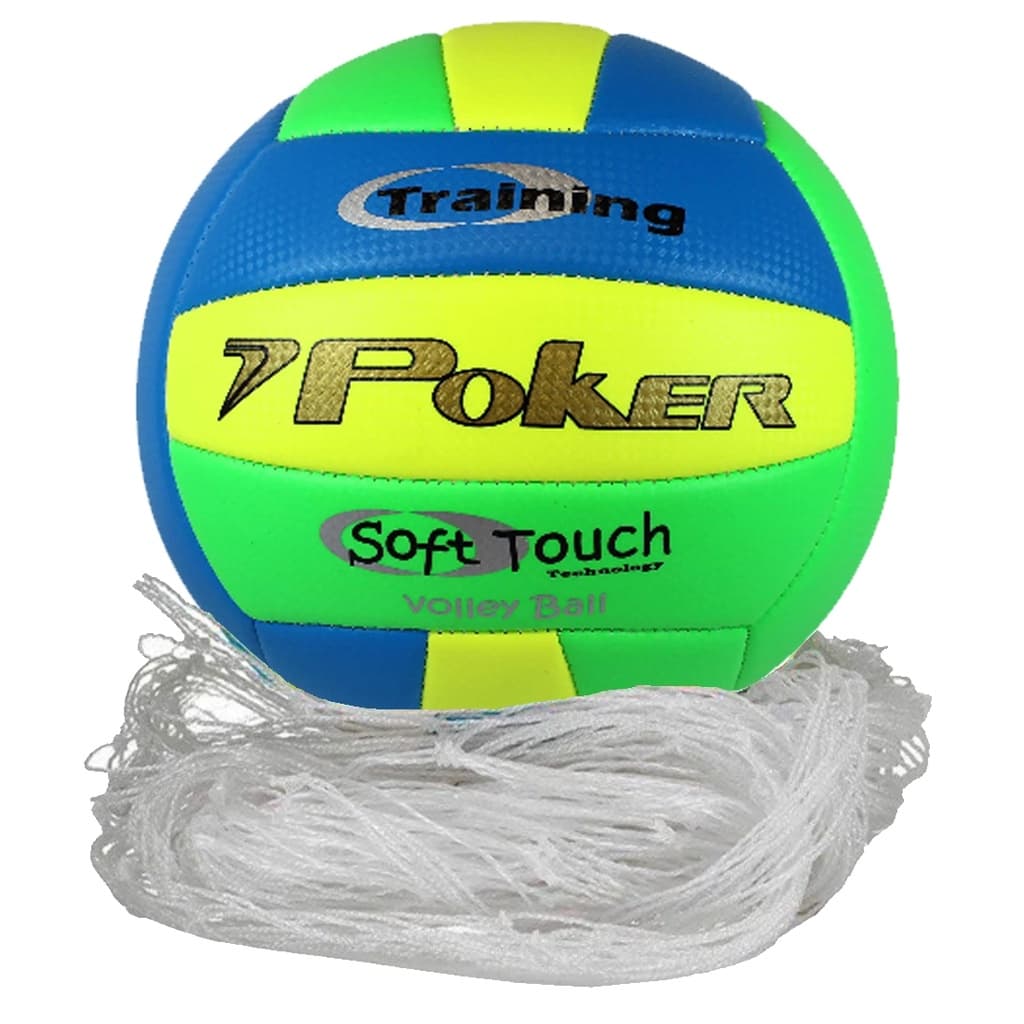 Kit Vôlei Rede e Bola Training Neon PVC Poker Azul/Amarelo/Verde