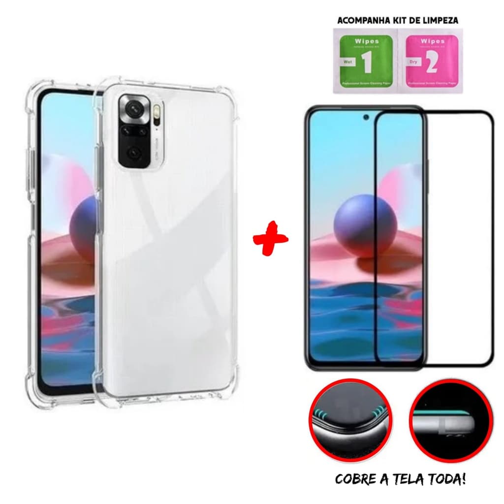 Kit Capinha Transparente Anti-Impacto Para Xiaomi Note 10S + Película 3D de Vidro