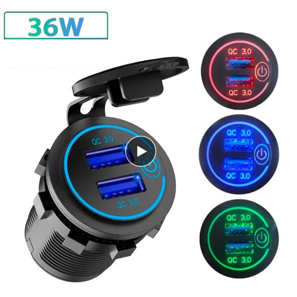 Tomada USB Dupla Para Carro Moto Barco Caminhão Motorhome 12/24 V 36w qc 3.0  Interruptor Carga Rápida