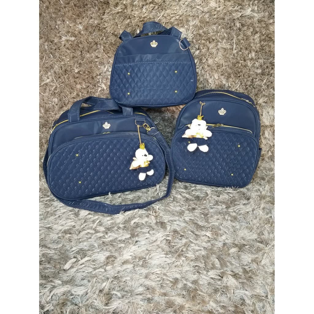 Kit Bolsa de maternidade / bebê Azul marinho ursinho coroa realeza Bolsa G, Bolsa M e mochila 3 peças