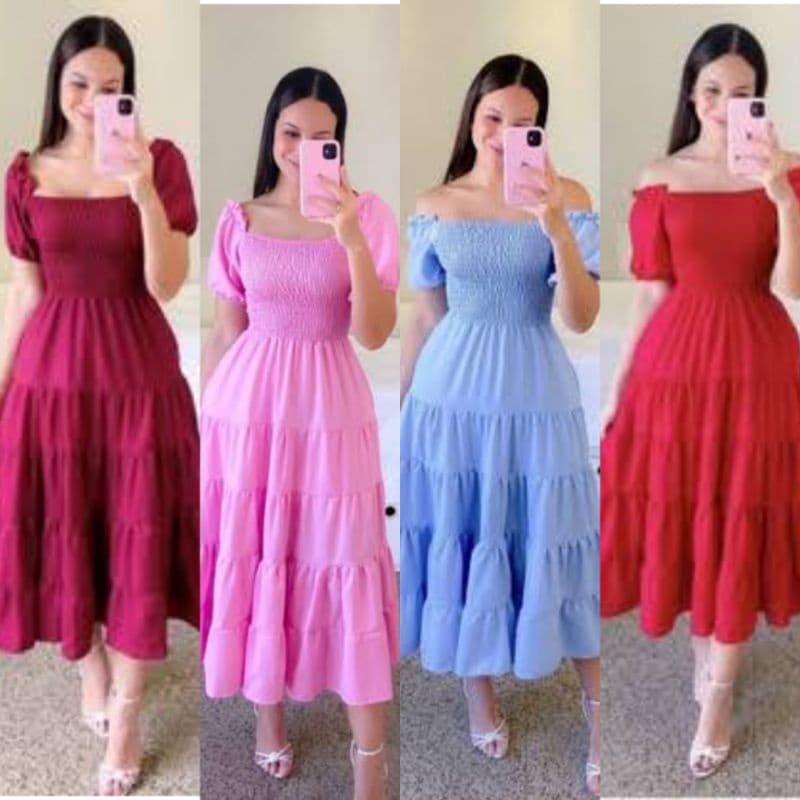 Vestido Feminino Ombro a Ombro Moda Evangélica Lastex Vestido Princesa