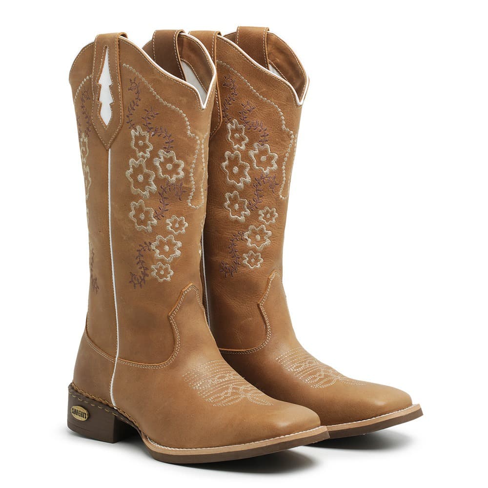 Bota Feminina PRONTA ENTREGA Em Couro Legítimo Cano Longo Bico Quadrado Caramelo Bordada