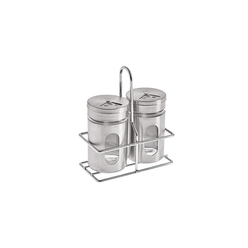 Kit Saleiro E Pimenteiro Em Aço Inox Com Suporte