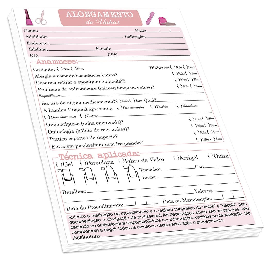 Ficha de Anamnese de Alongamento de Unhas (100 folhas) - Bloco Anamnese Alongamento de Unhas