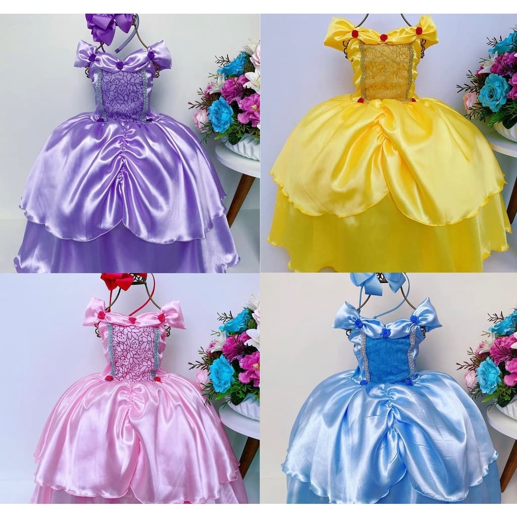 Vestido Longo Clássico Princesa Rapunzel Bela Cinderela Elsa Adormecida Sofia Fantasia