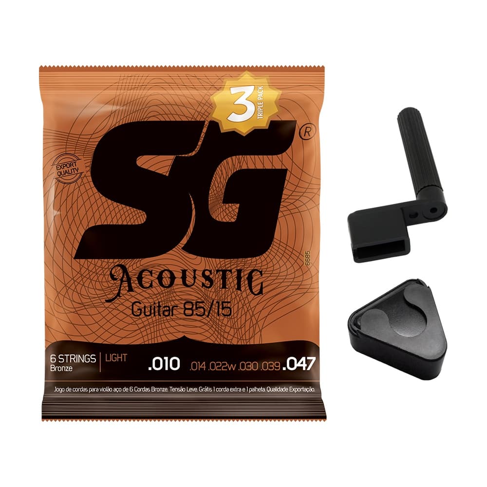 Kit 3 Encordoamento SG Violão Aço 010 Bronze + Acessórios