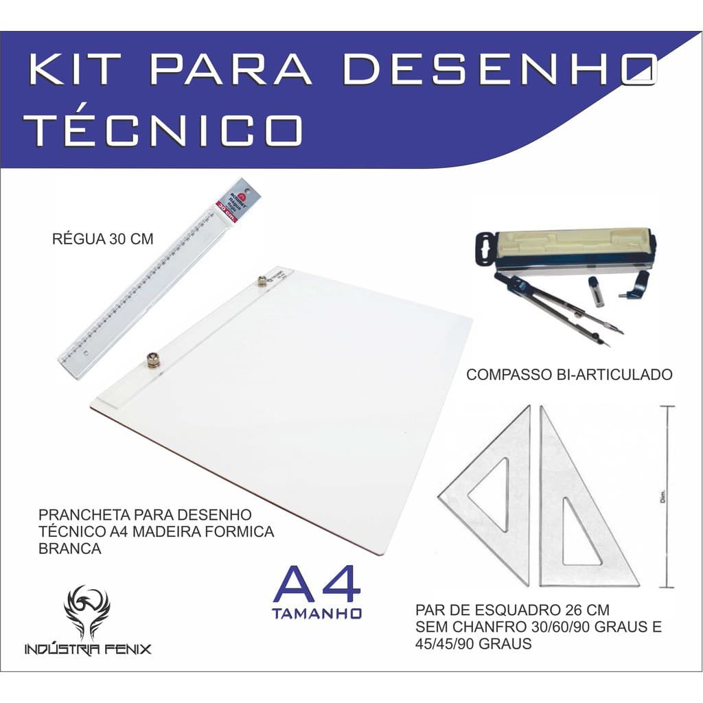 Kit Prancheta Desenho Técnico Engenharia Arquitetura Edificações a4 Formica Par Esquadro 26 cm Compasso Cis 170 Regua 30
