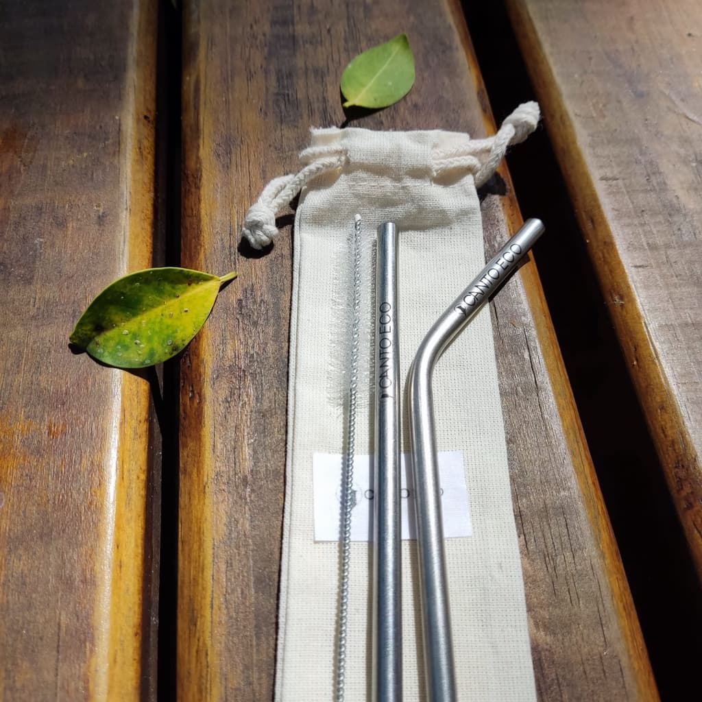 KIT DE CANUDO INOX:  SAQUINHO DE ALGODÃO + CANUDO RETO, CURVADO E ESCOVA