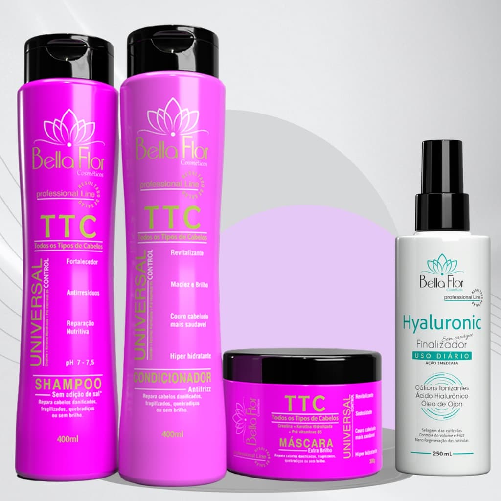 Kit Capilar TTC 4 Produtos Shampoo Condicionador Máscara + Finalizador Hyaluronic Bella Flor Anti-Frizz Brilho