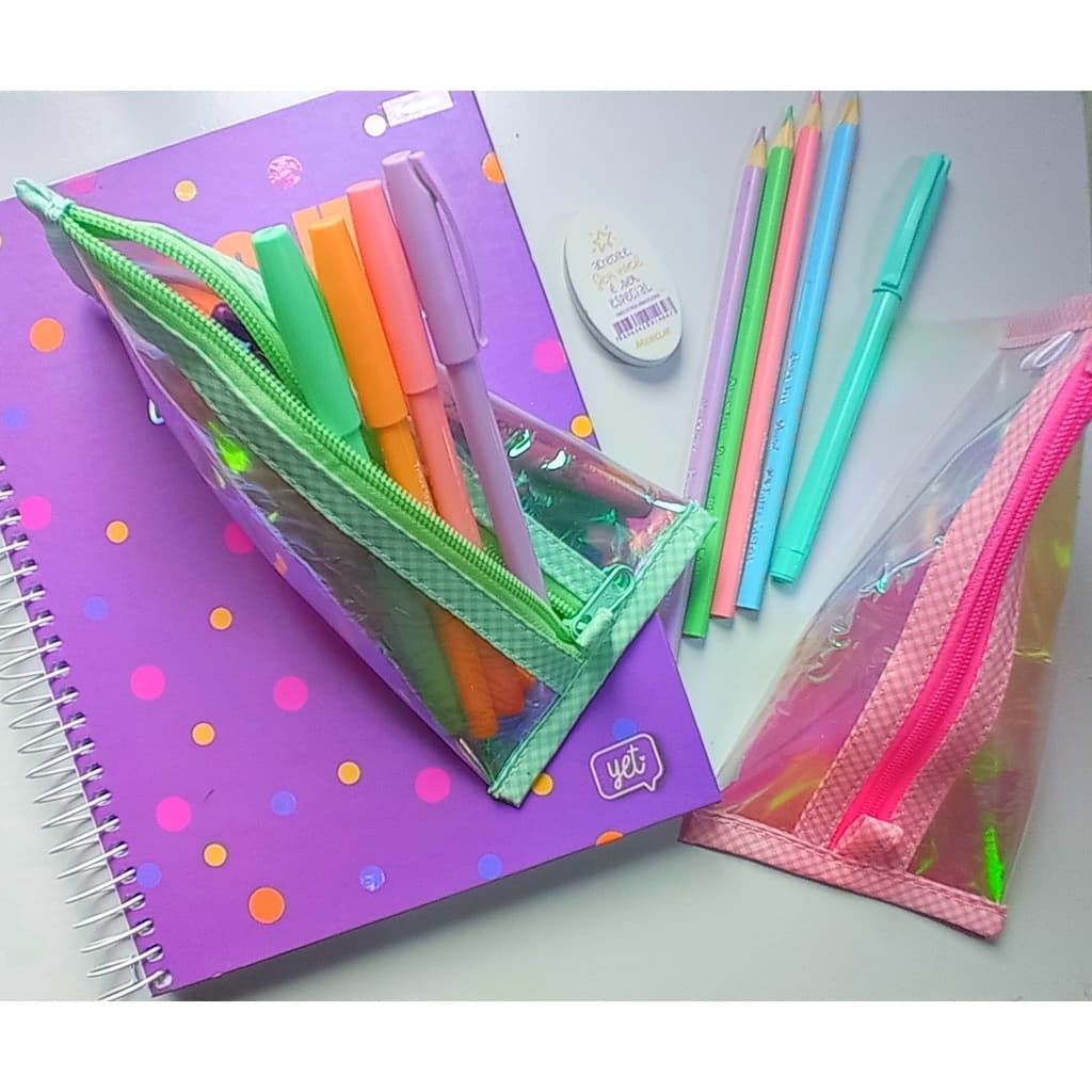 Estojo Escolar de Mesa em Plástico Cristal - Estojo Escolar Holográfico