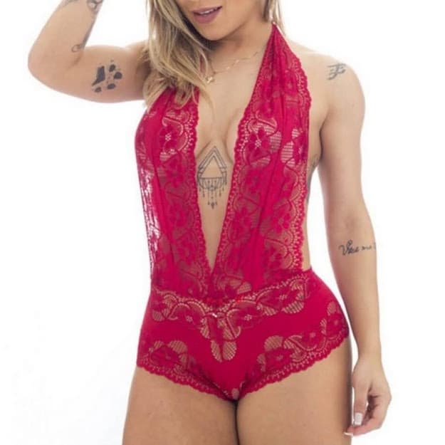 Body em Renda Shortinho Frente Única, Cor Vermelho, Tamanho M (38/40)