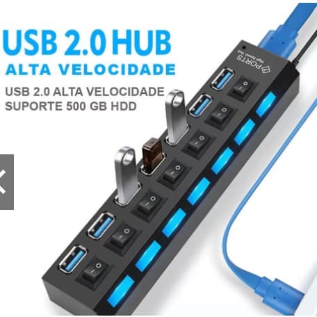 Hub De Usb 7 Portas 2.0 Hd Extensor High Speed Pen Drive Hd E LED