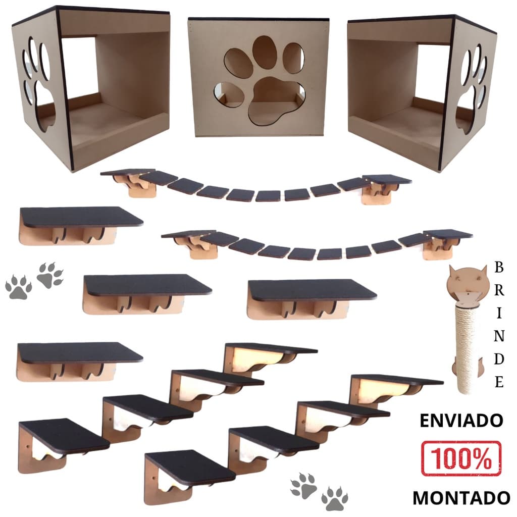 Playground Para Gato parede 17 Pçs mdf 6mm 100% montado Ponte Prateleira Degrau Nicho - envio rapido