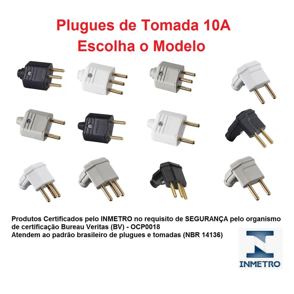 Plugue de tomada 10A de 180°(Reto) ou 90° (L)