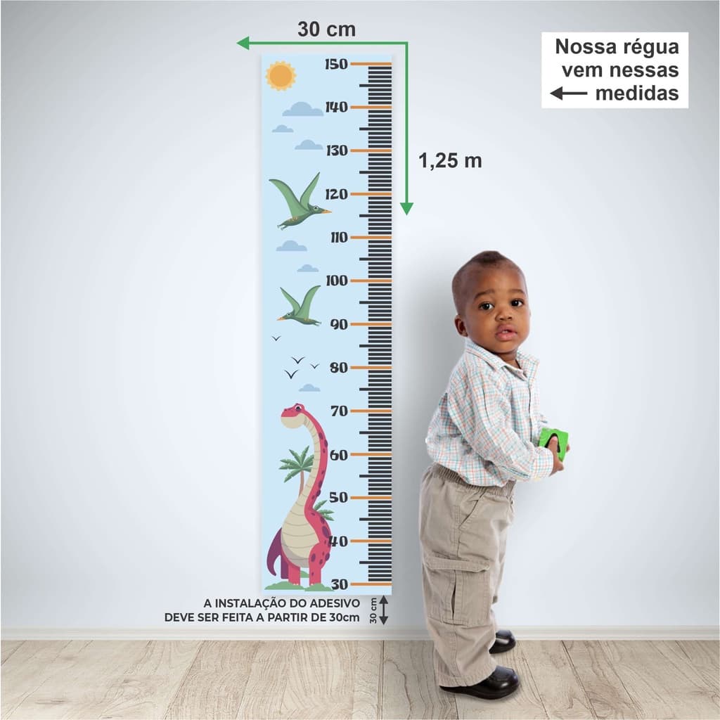 Régua de Crescimento Azul com Dinossauros Divertidos