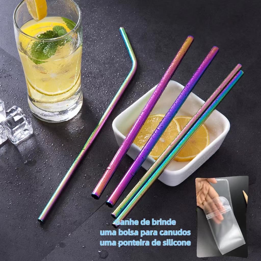 5 Kits Canudo Coloridos ( Cada kit com 2 Canudos) Aço Inox Metal Reutilizável+ Escova+ Capa