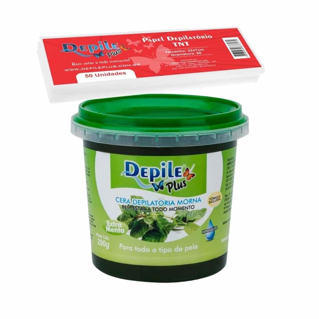 Kit Cera Depilatória Extra Menta Depile Plus Profissional 1,3 Kg + Papel 50un