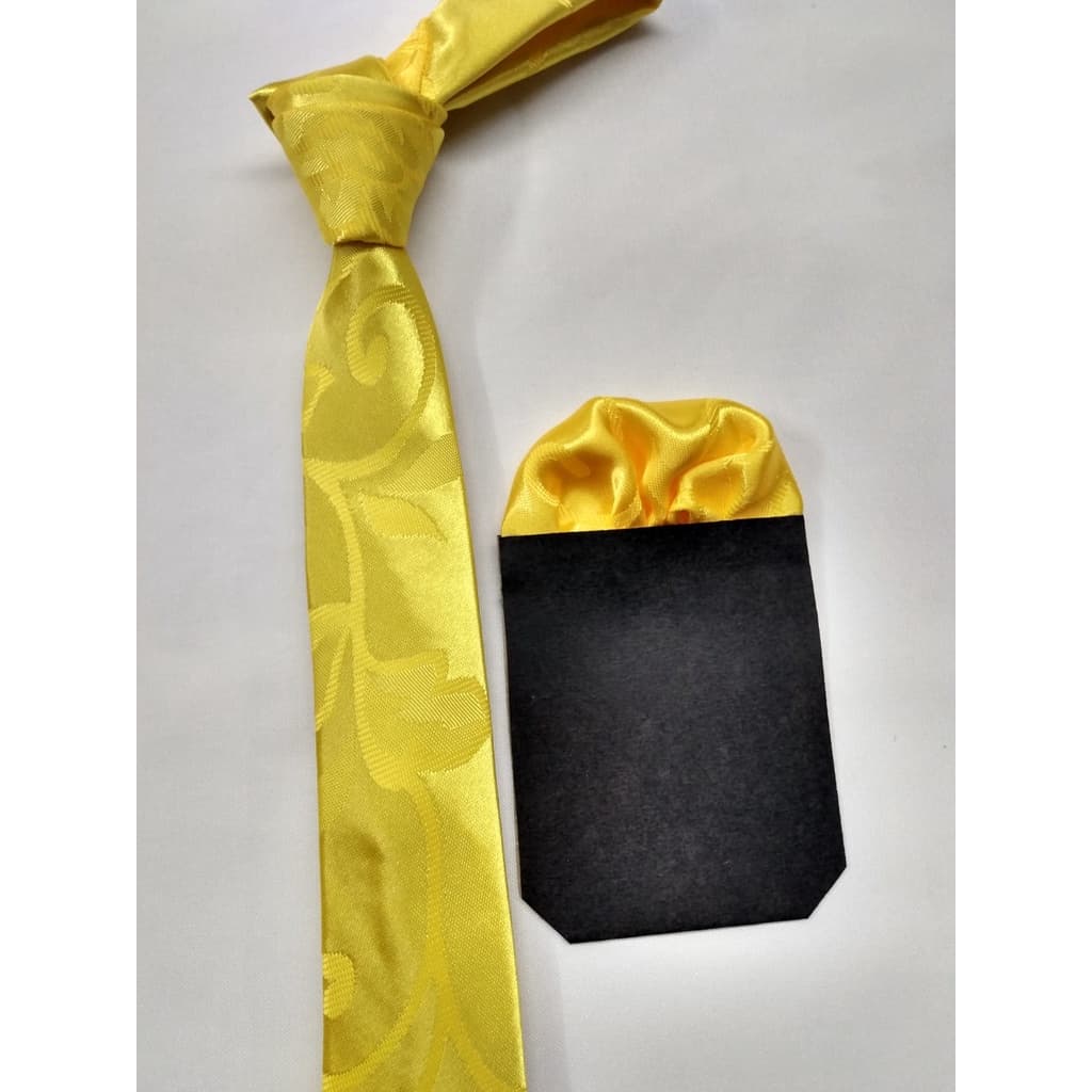 KIT Gravata e Lenço de Bolso Cetim Floral Amarelo Festividade Casamento Congresso