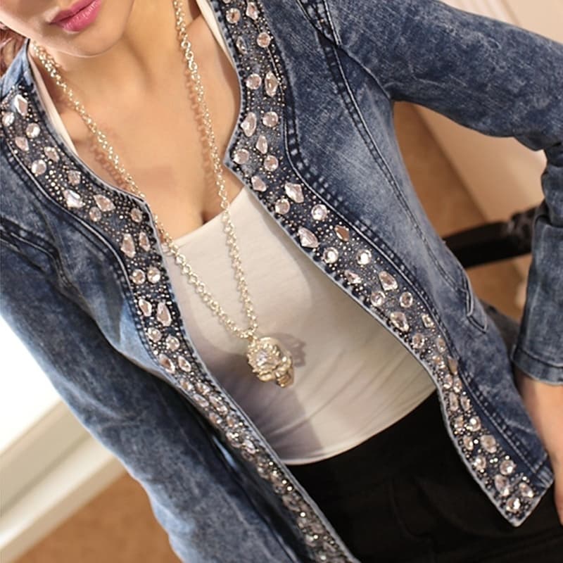 Jaqueta / Casaco Feminino Com Diamantes Do Vintage / Jaquetas Jeans / Casual Para Mulheres P-4Xg