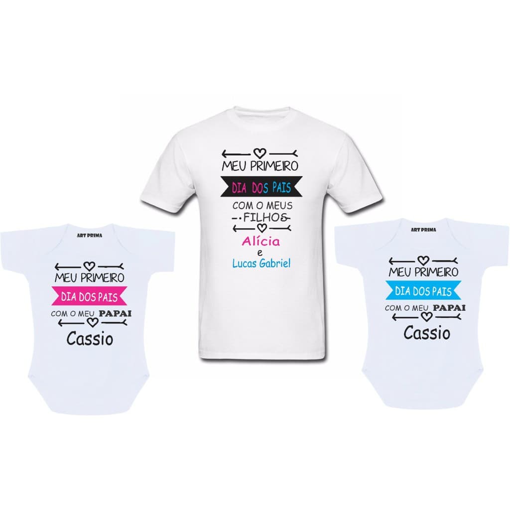 Kit Camiseta E Body Meu Primeiro Dia Dos Pais Pai De Gêmeos Personalizado com o Nome