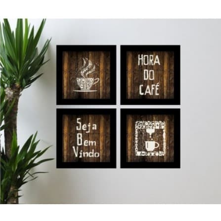 Quadro Decorativo Kit 04 Peças 20x30 Hora do Café Para Cozinha Cantinho do Café Cafeteria Sem Moldura