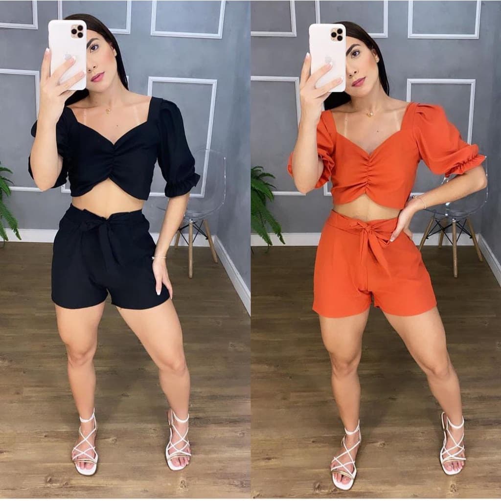 Conjunto Feminino Curto com Manga Verão Moda Carnaval
