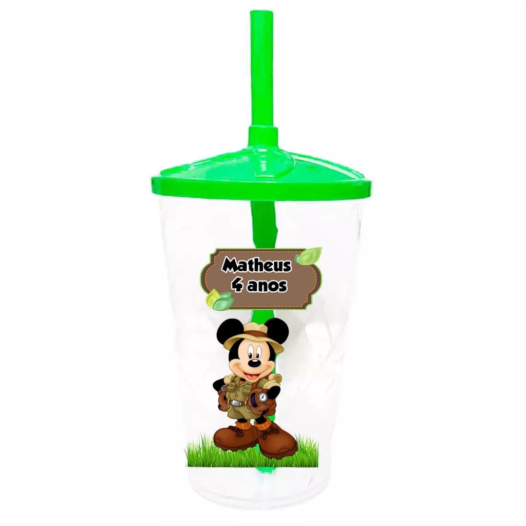 30 Copos Twister Shake Personalizado 400ml C/Tampa e Canudo Lembrancinha Safari Mickey