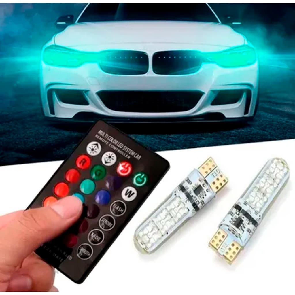 Par T10 Rgb 5050 16 Cores Controle Farolete Carro Meia Luz