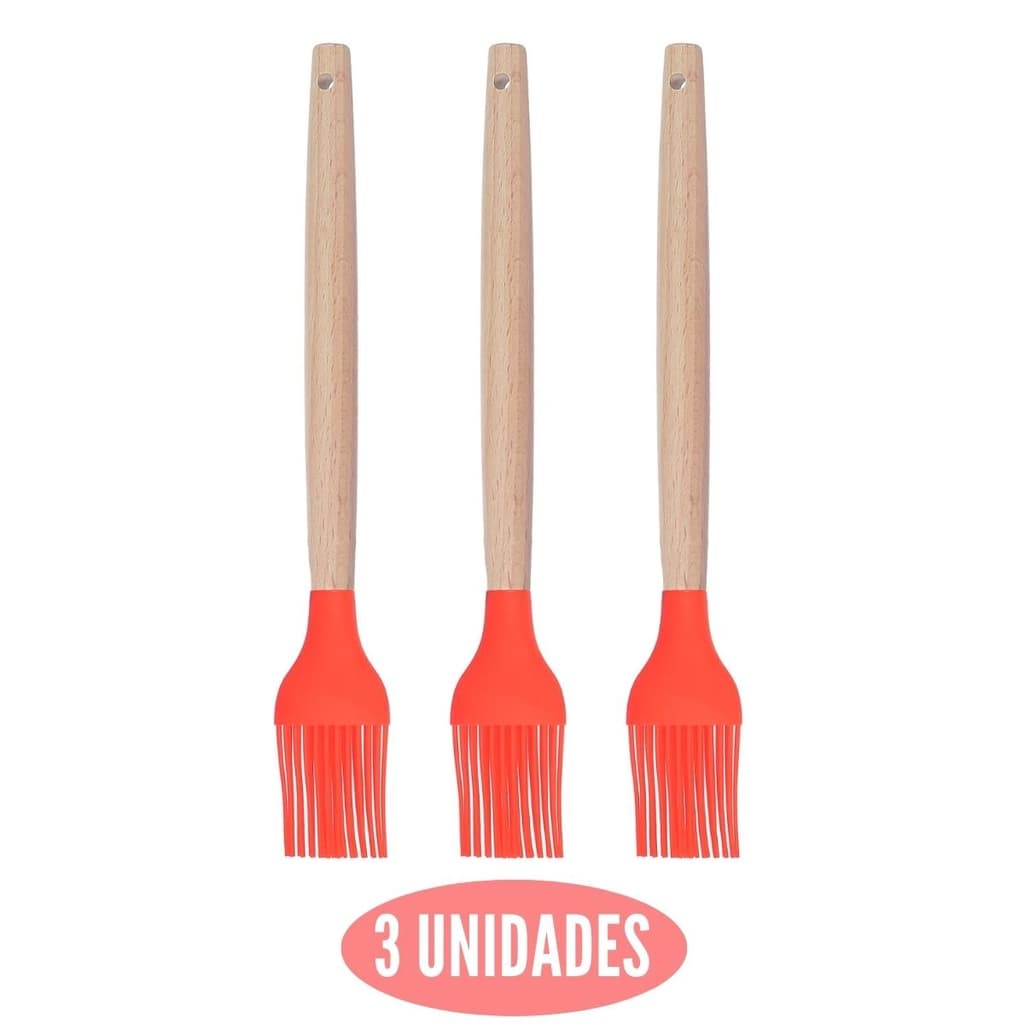 Kit 3 Pincel Culinário Silicone Vermelho Cabo Bambu Cheff