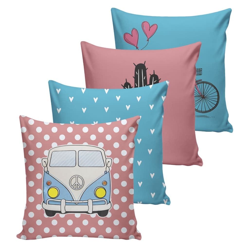 Kit com 04 Capas Para Almofada Kombi Estampada com zíper - 40cm x 40cm - Decoração Sofá ou Cama