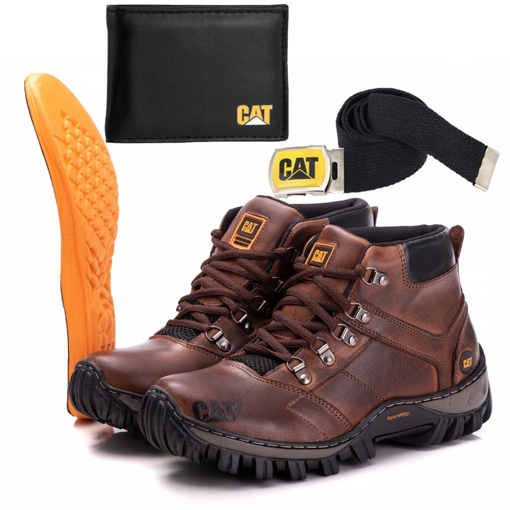 Kit Bota Caterpillar Masculina Em Couro + CintoCAT + Carteita CAT  Macio Confortável Envio Imediato