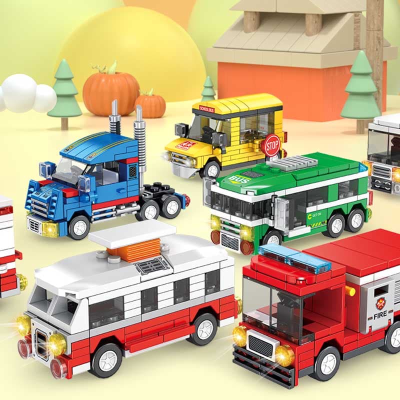 Blocos de Construção / Veículos de Engenharia / Caminhões de Bombeiros / Ônibus Campus / Brinquedos Educativos Infantis / Montagem de Caminhões de Bloco de Construção
