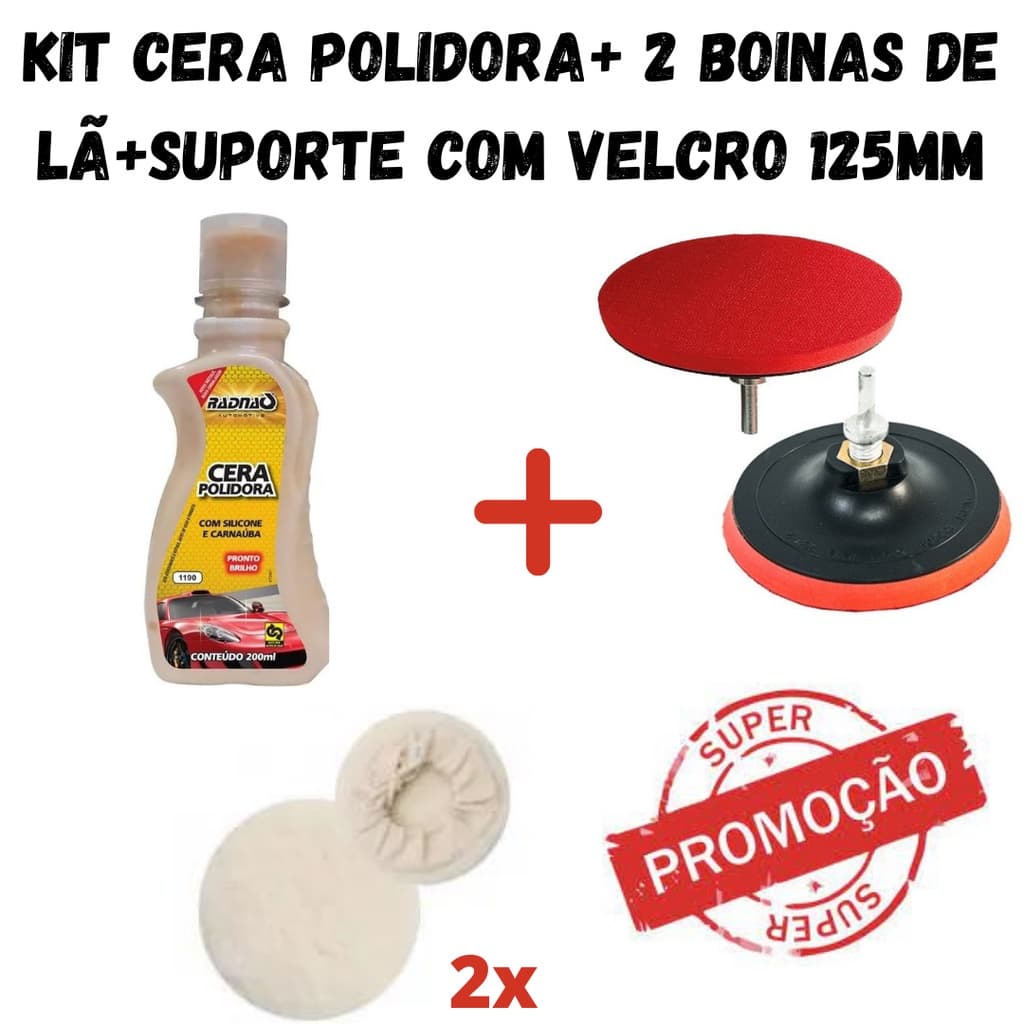 Kit polimento Automotivo/ Suporte com base aderente, 2 Boinas de lã e Cera Polidora.