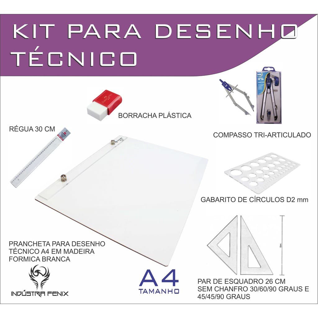 Kit Desenho Técnico Prancheta Engenharia ARQUITETURA A4 FORMICA Esquadro 26 cm Compasso 303 GABARITO BORRACHA Regua 30 C
