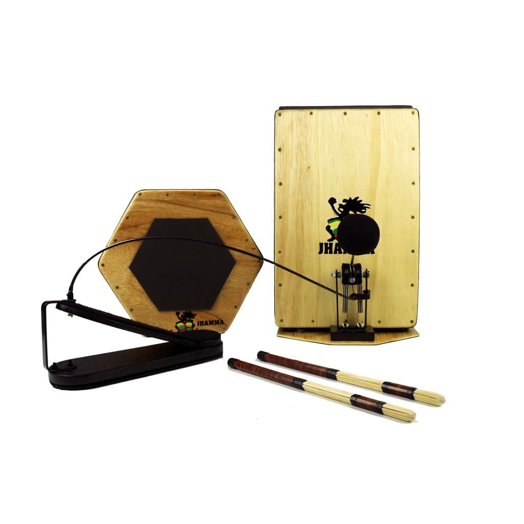 Kit Bateria Acústica Jhamma Percussões Cajón Reto, Caixa, Pedal para Cajón e Baquetas Rods