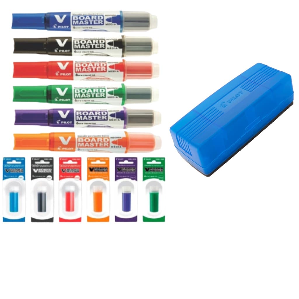 6 Marcadores de Quadro Branco V Board Master + Apagador Flip Top 150N + 6 Refis de Tinta Para Marcador - PILOT